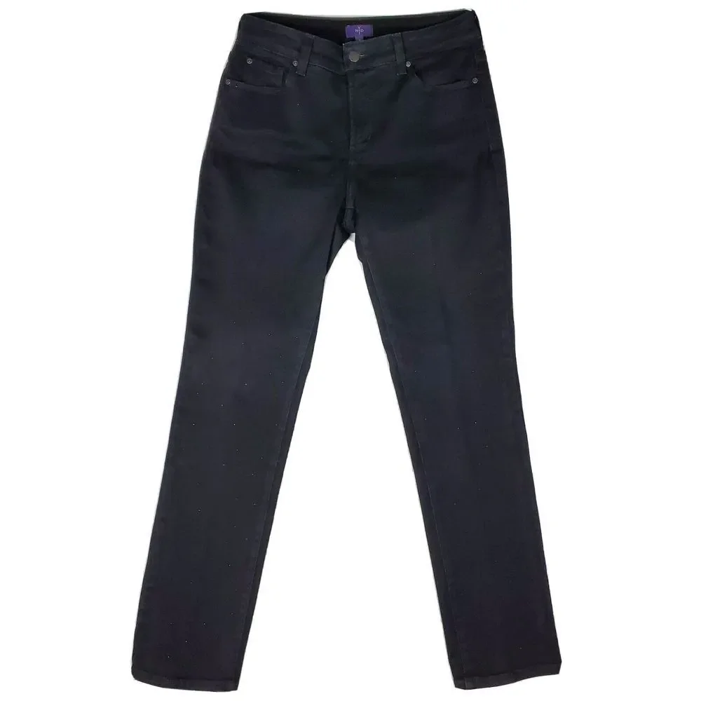 NYDJ Women Size 8 Black Skinny Leg Jeans Rhinestones Stretch Cotton‎ USA